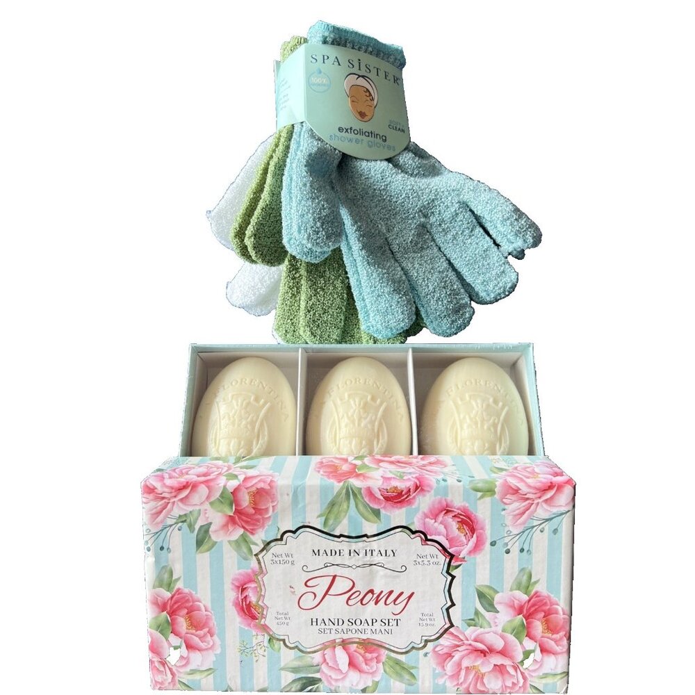 Italian Peony Soap & Exfoliating Shower Gloves Gift Set Mother's Day Spa Set